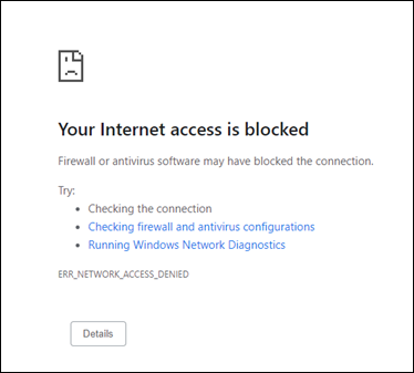 Captura de tela de uma mensagem informando que o acesso à Internet está bloqueado.