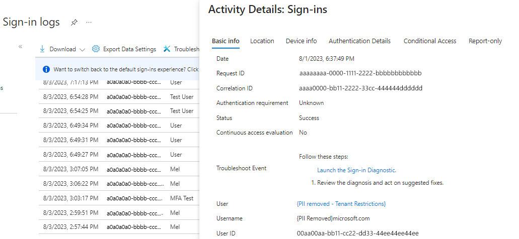 Captura da tela que mostra os detalhes da atividade de um login bem-sucedido.