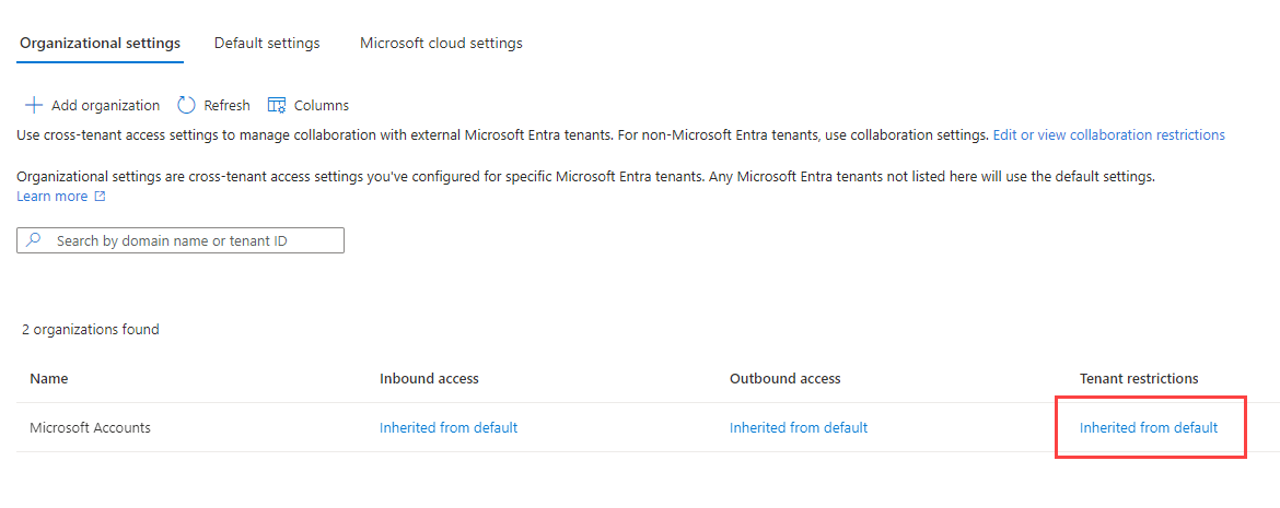 Captura de tela que mostra uma organização adicionada com configurações padrão.