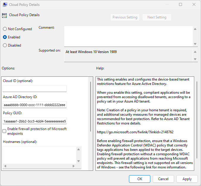 Captura de tela dos detalhes da política de nuvem para Windows.