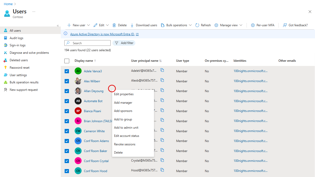Captura de tela das várias opções de edição de configurações de usuário no Centro de administração do Microsoft Entra.