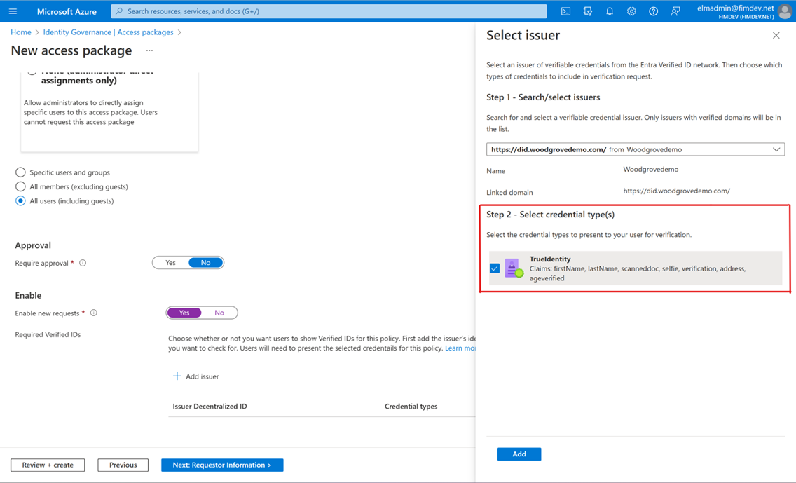 Captura de tela dos tipos de credenciais para IDs verificadas do Microsoft Entra.