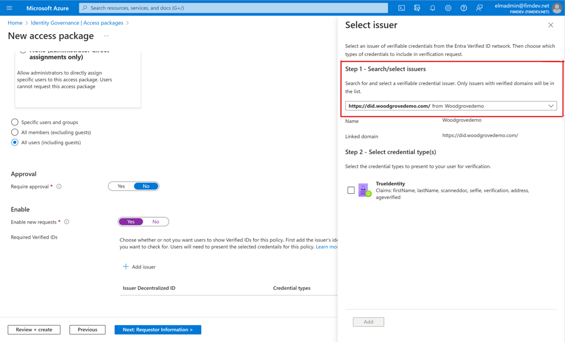 Selecione o emissor para a ID Verificada do Microsoft Entra.