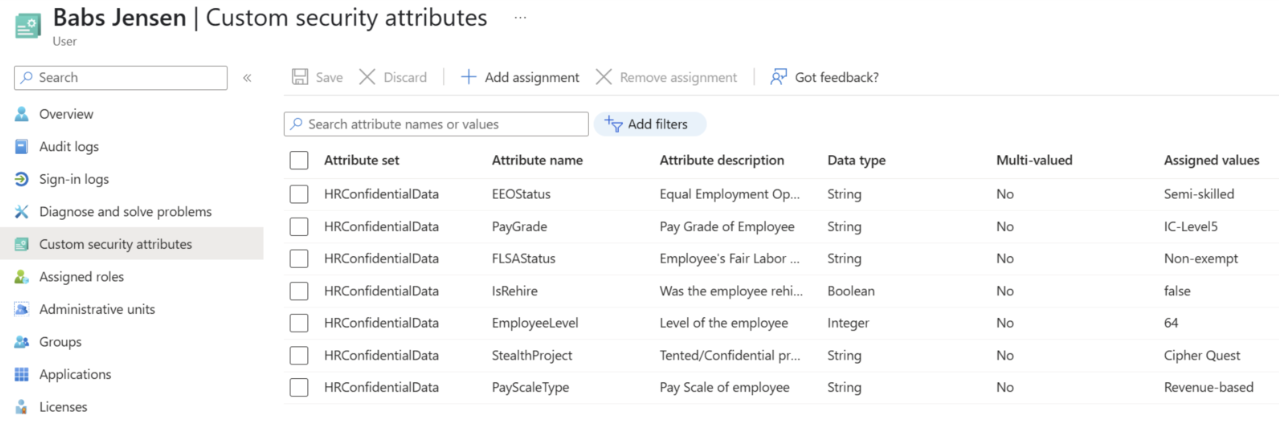 Captura de tela da tela Atributos de segurança personalizados para o usuário.