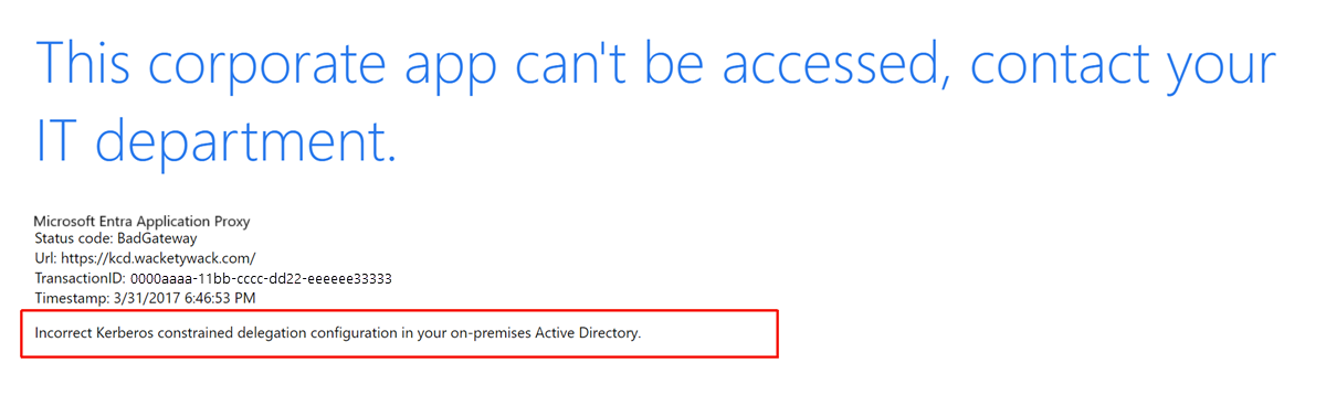 Captura de tela mostrando um exemplo de erro de configuração incorreta de KCD, com o erro Delegação restrita de Kerberos incorreta em destaque.