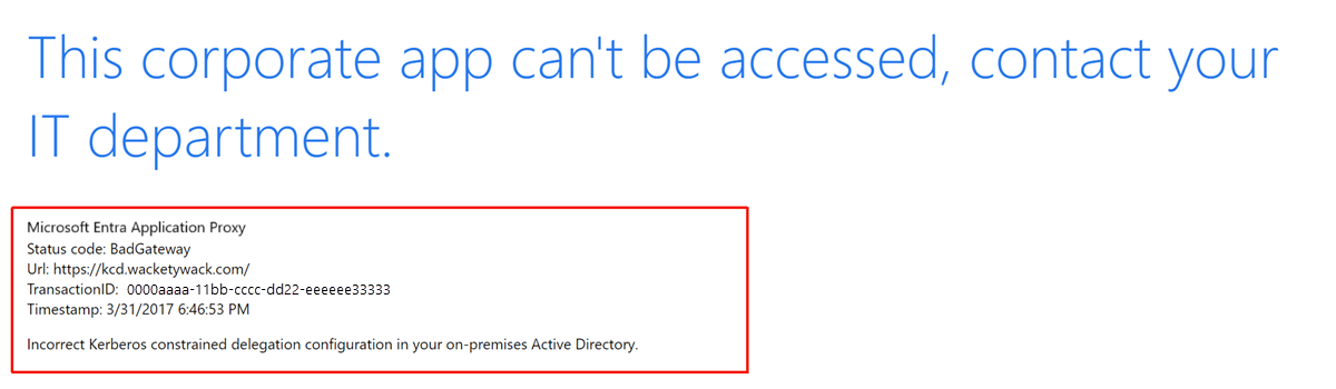 Captura de tela que mostra uma mensagem de erro de configuração de delegação restrita do Kerberos.