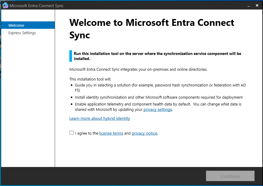 Captura de tela que mostra a página de boas-vindas no assistente de instalação do Microsoft Entra Connect Sync.