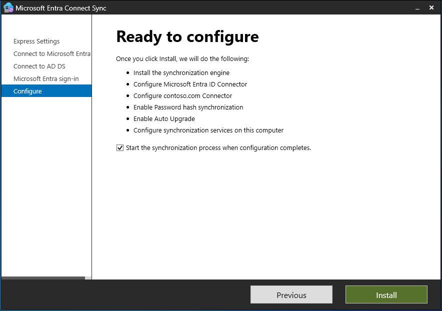Captura de tela que mostra a página Pronto para configurar o Microsoft Entra Connect Sync no assistente.