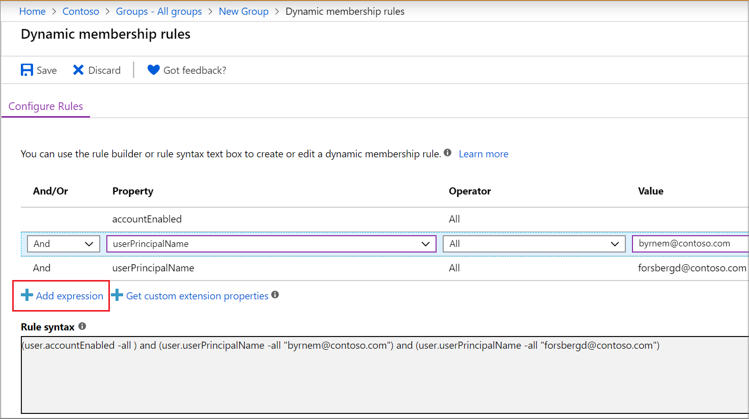 Captura de tela que mostra o painel para configurar regras, com o botão para adicionar uma expressão realçada.