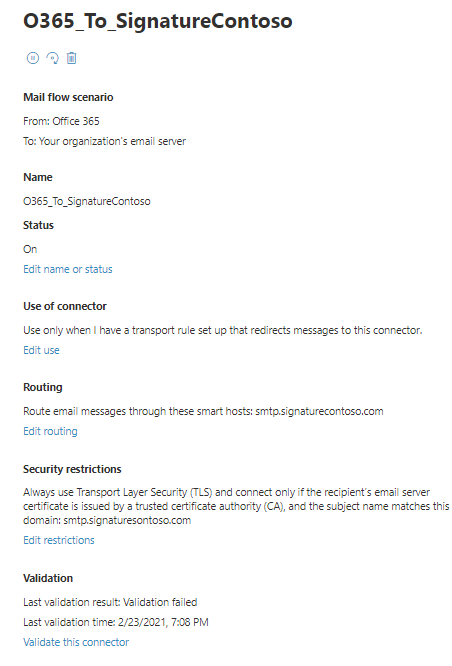O ecrã no qual são apresentados os detalhes do histórico de validação do conector.