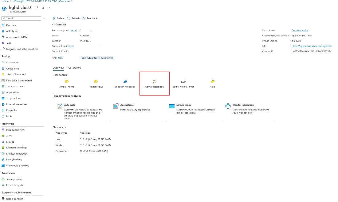 Captura de tela mostrando onde encontrar seu cluster e notebook no portal do Azure.