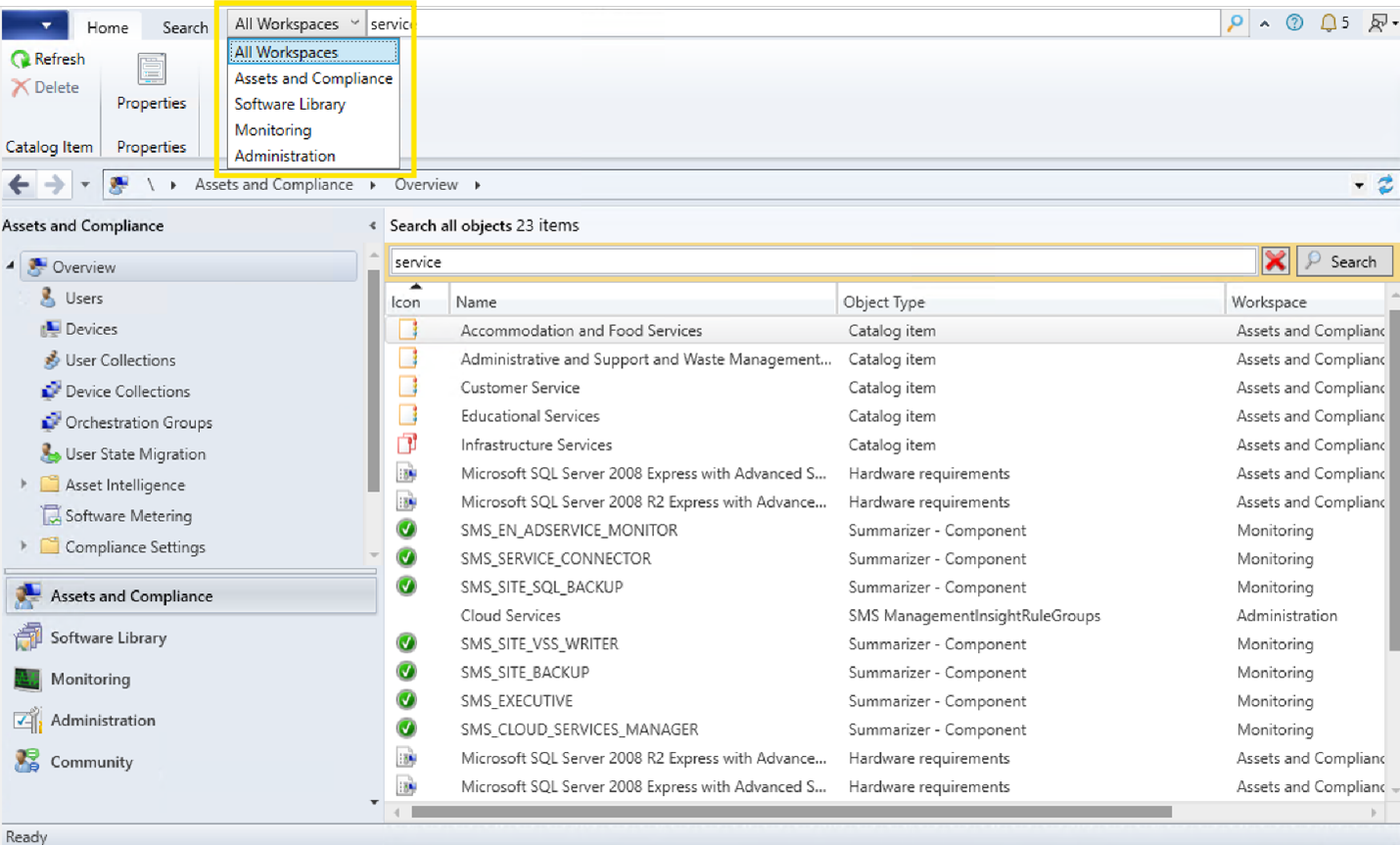 Captura de ecrã a mostrar a seleção centralizada da área de trabalho de pesquisa na consola.