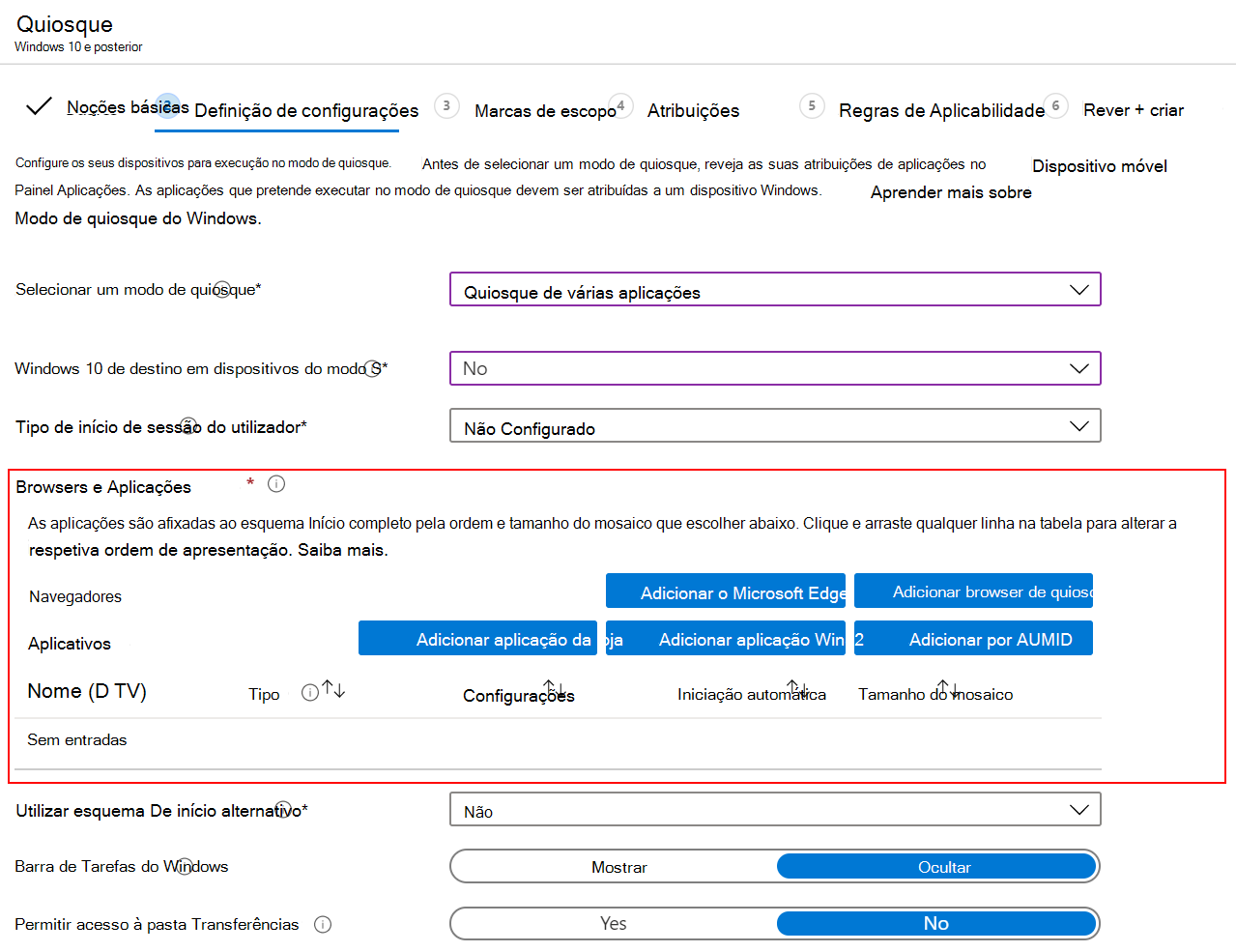 Adicione browsers ou aplicações ao perfil de quiosque de várias aplicações no Microsoft Intune.
