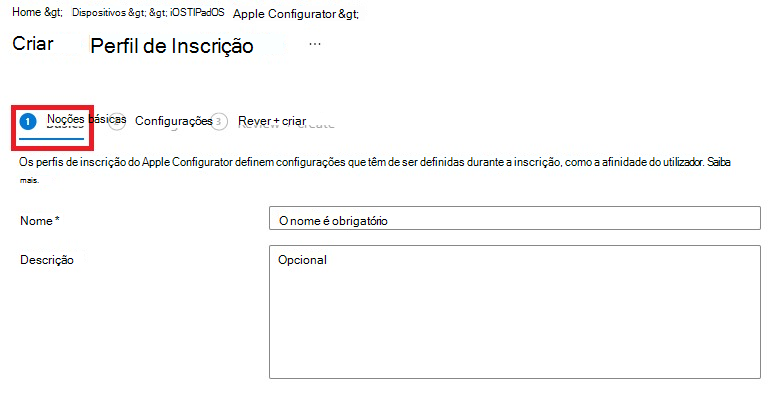 Captura de tela do painel criar perfil de registro com a guia Básico selecionada.