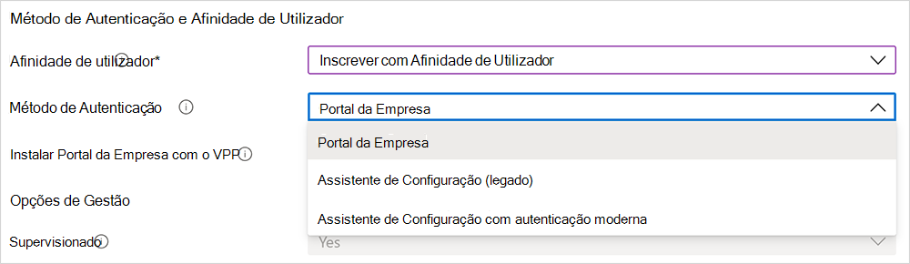 Captura de tela das opções do método de autenticação.