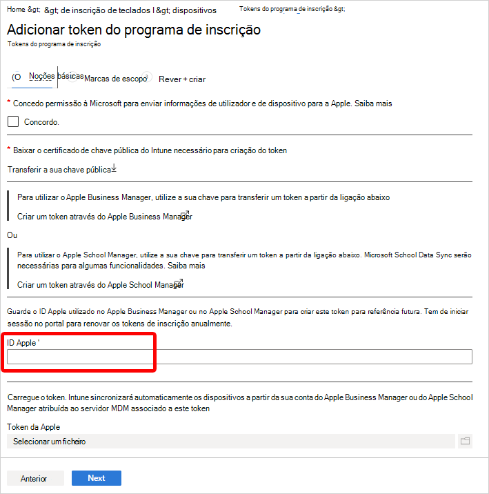 Captura de ecrã a realçar o campo ID Apple no painel