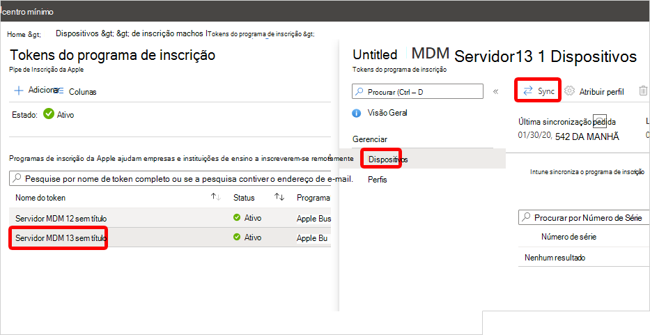 Captura de ecrã a mostrar a área do token do programa de inscrição no centro de administração, a realçar o token de exemplo, a ligação