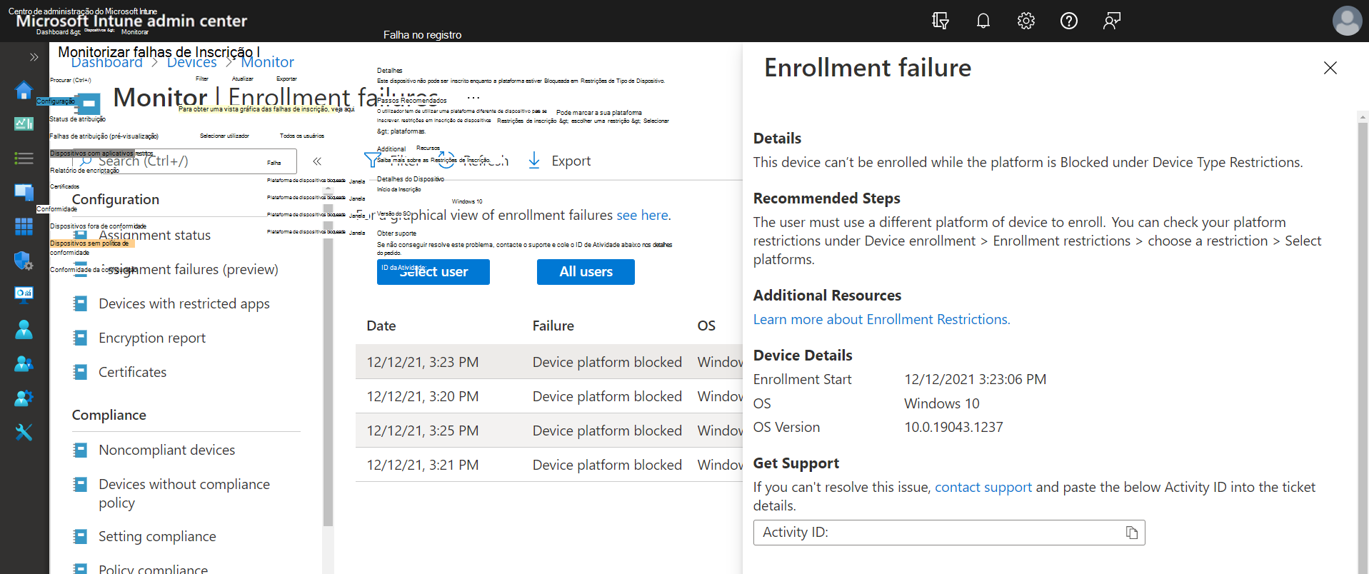 Imagem de exemplo do relatório de falhas de inscrição, que mostra os detalhes da falha de inscrição de uma linha selecionada.
