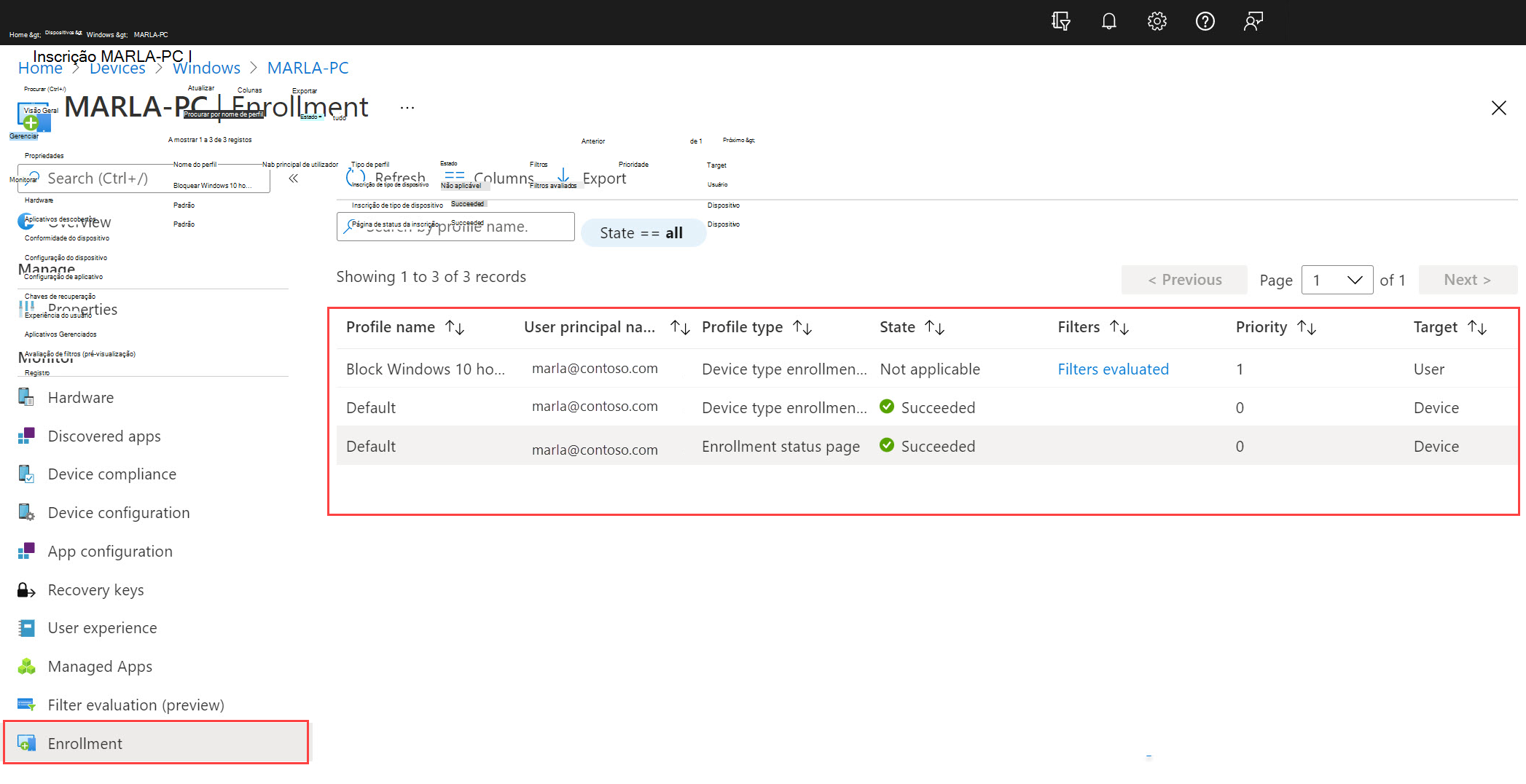 Imagem de exemplo da página Inscrição de dispositivos, a mostrar uma tabela de perfis de inscrição.