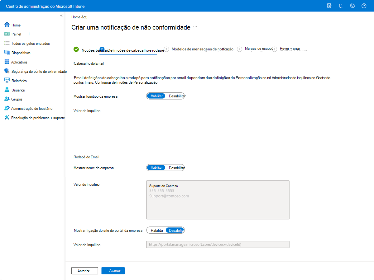 Captura de ecrã que mostra o exemplo da página de definições cabeçalho e rodapé de uma mensagem de notificação no Intune.