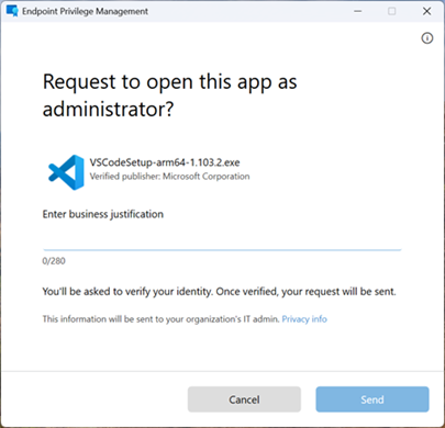 Uma captura de ecrã a mostrar o pedido que um utilizador recebe quando solicita a execução de uma aplicação como administrador através da aprovação de suporte.