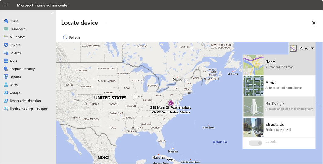 Captura de tela do Localizar dispositivo usando o Intune no Azure