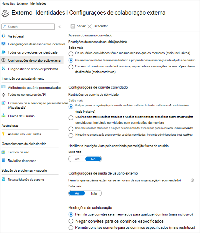 Captura de ecrã da página Definições de Relações Organizacionais do ID Externo do Microsoft Entra.