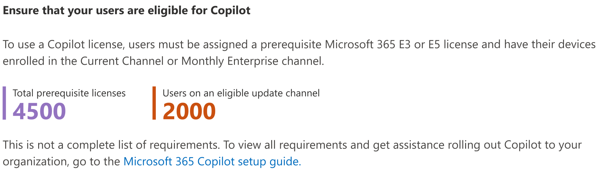 Captura de tela que mostra como você pode garantir que os usuários estejam qualificados para o Microsoft 365 Copilot.