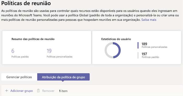 Captura de ecrã a mostrar a atribuição da política de grupo do Teams.