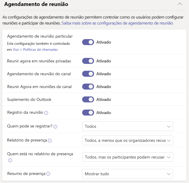 Captura de ecrã a mostrar a política de reunião.