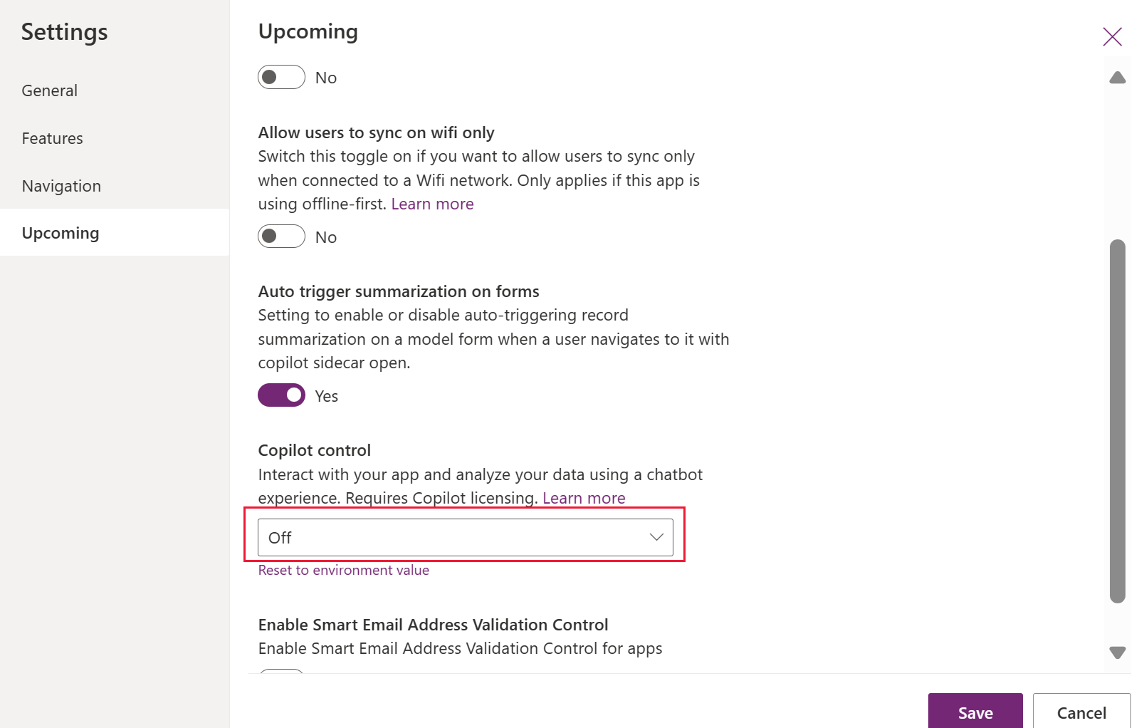 Captura de tela que mostra como desativar o chat do Copilot em um aplicativo baseado em modelo.