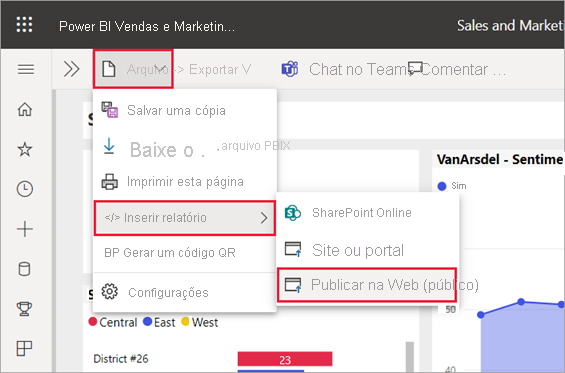 Captura de tela de Publicar na Web em Mais opções.