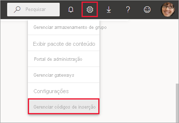 Captura de tela de Gerenciar códigos de inserção