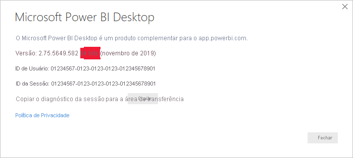 Captura de tela da caixa de diálogo Sobre o Power BI Desktop mostrando as informações da versão de 64 bits.