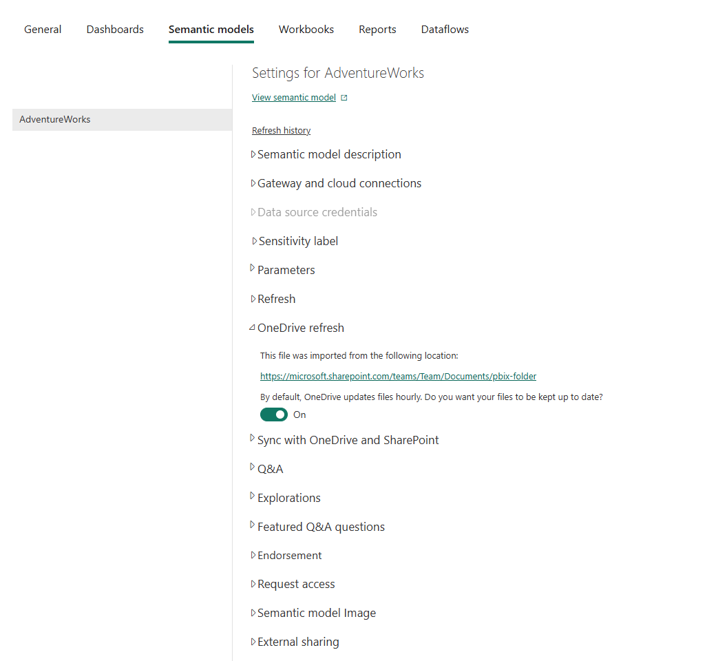 Captura de tela das configurações do Modelo Semântico mostrando a seção Atualização do OneDrive aberta.