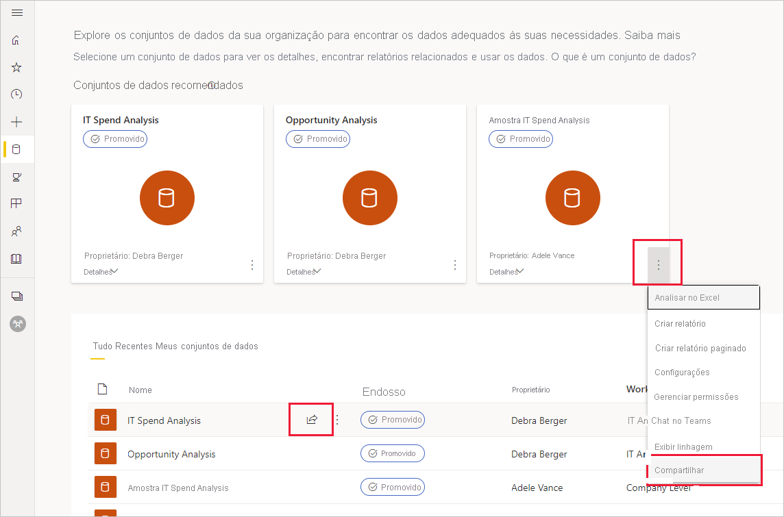 Captura de tela da opção de compartilhamento de itens de dados no hub de dados.