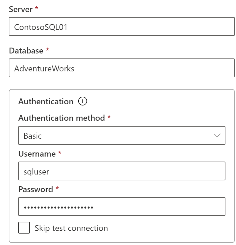 Captura de tela das credenciais da fonte de dados SQL.