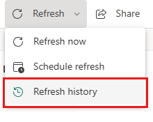 Opção de menu Atualizar histórico em Atualizar para um modelo semântico