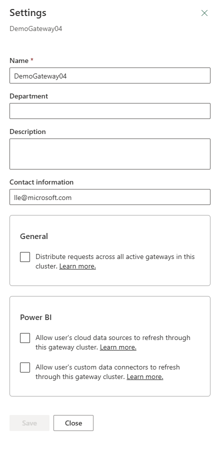 Configurações do gateway de dados.