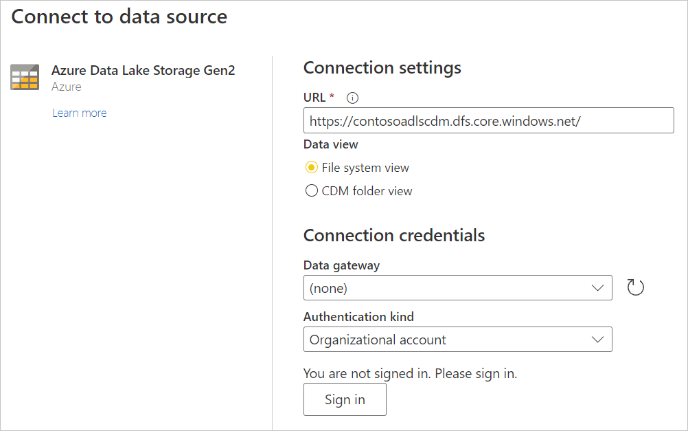 Captura de tela da página Conectar à fonte de dados do Azure Data Lake Storage Gen2, com a URL inserida.