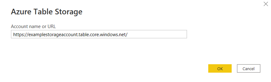 Captura de tela da caixa de diálogo Armazenamento de Tabelas do Azure mostrando a URL de armazenamento completa adicionada.