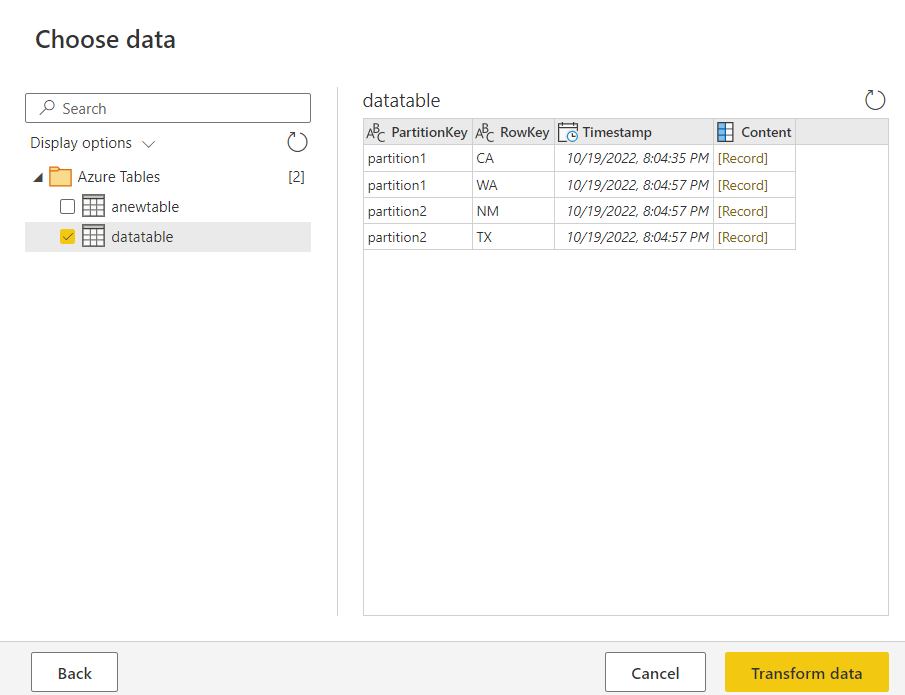 Captura de tela da janela Escolher dados do Armazenamento de Tabelas do Azure no Power Query online.