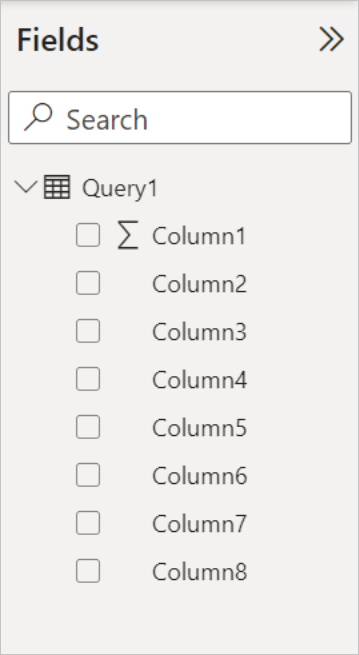 Captura de tela do painel Campos no Power BI, com Query1 agora exibindo Column1 a Column8.