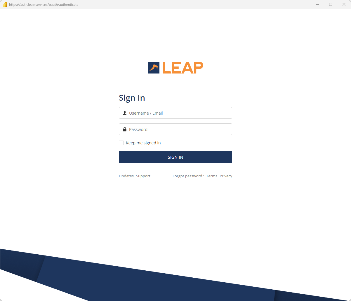 Captura de tela da tela de login para LEAP.