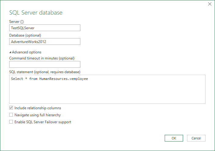 Captura de tela da caixa de diálogo banco de dados do SQL Server com uma consulta de banco de dados nativo.