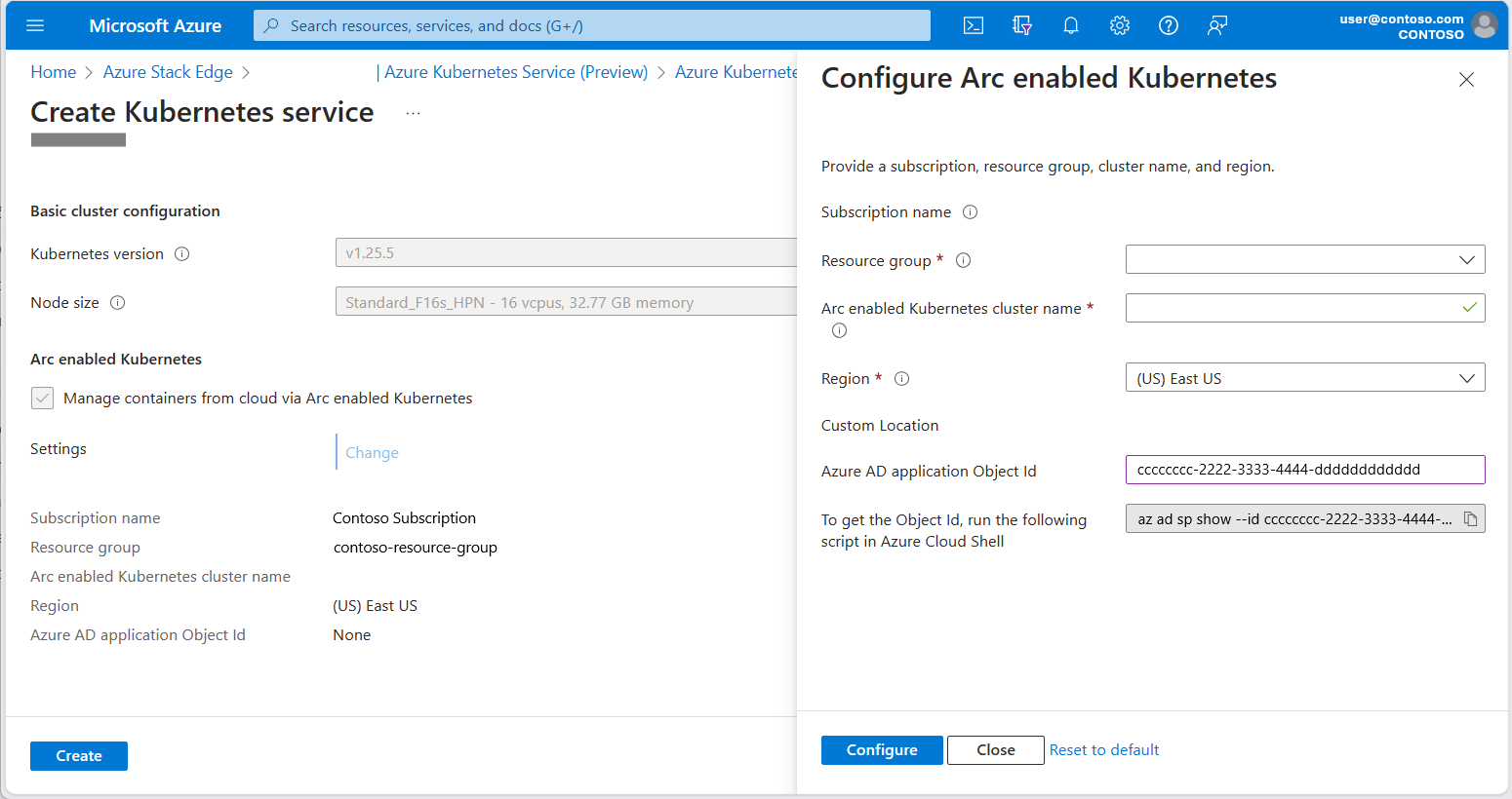 Screenshot of Configure Arc enabled Kubernetes pane, showing where to enter the custom ___location OID.