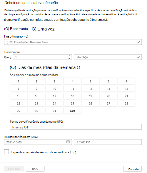 Captura de ecrã a mostrar a página definir um acionador de análise.
