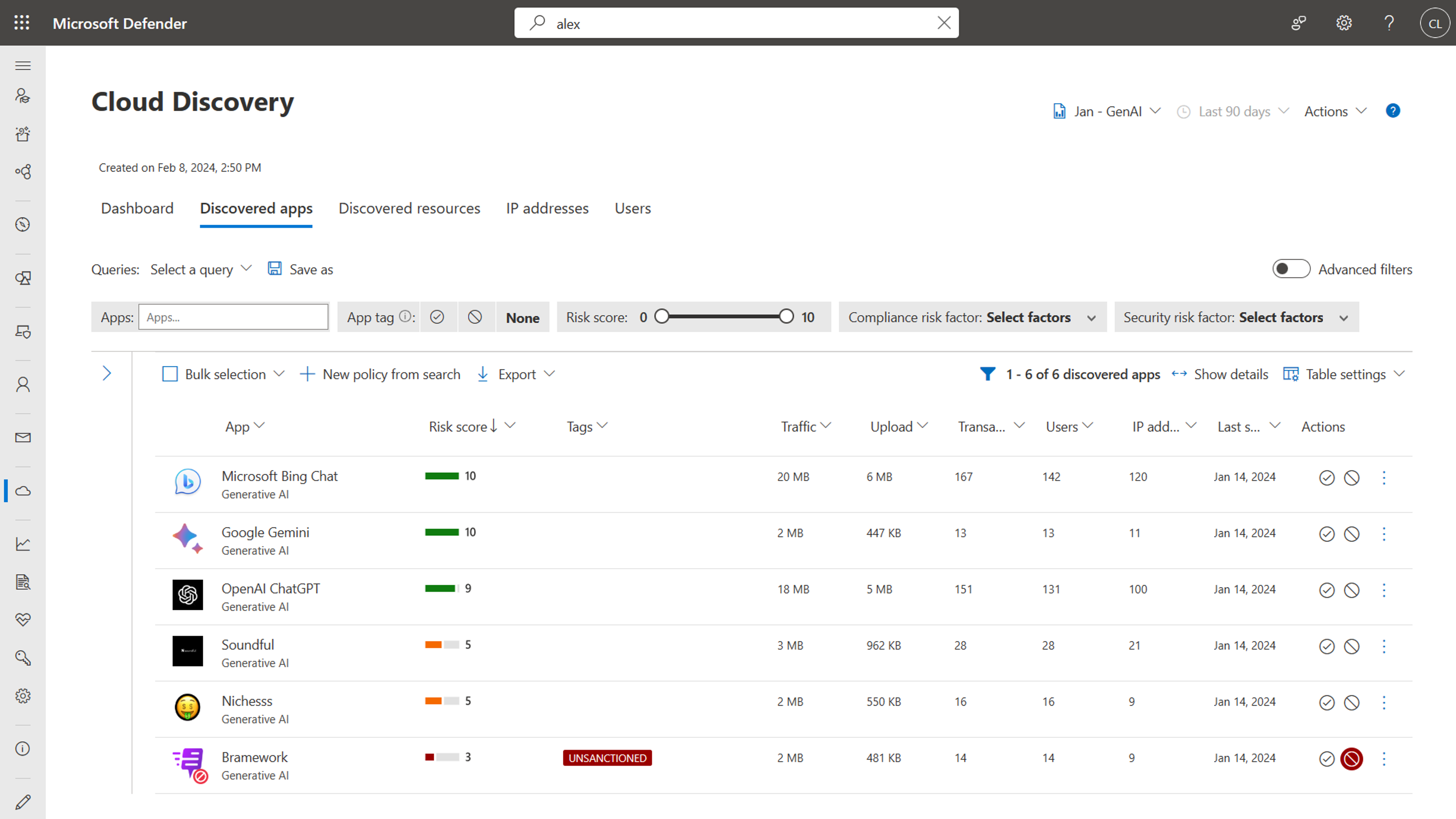 Captura de tela da página Cloud Discovery no Microsoft Defender.