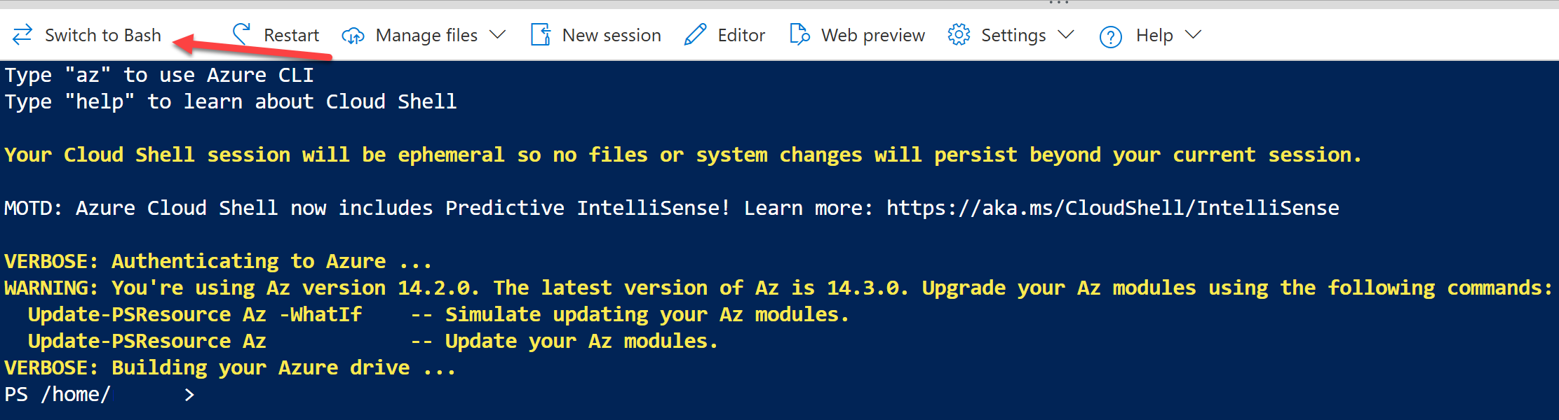 Captura de tela do botão Alternar para na interface de linha de comando do Azure.