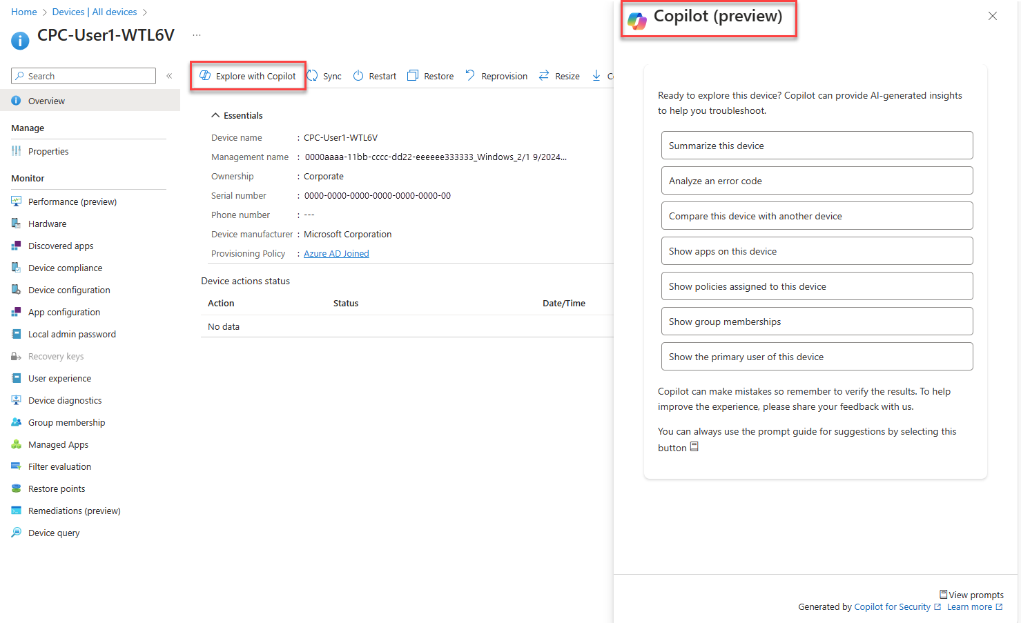 Captura de tela do Copilot no resumo do dispositivo do Intune, mostrando prompts que fornecem informações específicas do dispositivo e podem ajudar na solução de problemas.